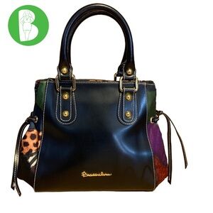 BRACCIALINI BLACK LEATHER SHOULDER BAG W/MULTI COLOR FABRIC SIDES